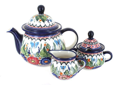 Polish Pottery Floral Butterfly Three Piece Tea Set