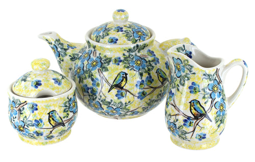 Polish Pottery Bluebird Garden 3 Piece Tea Set