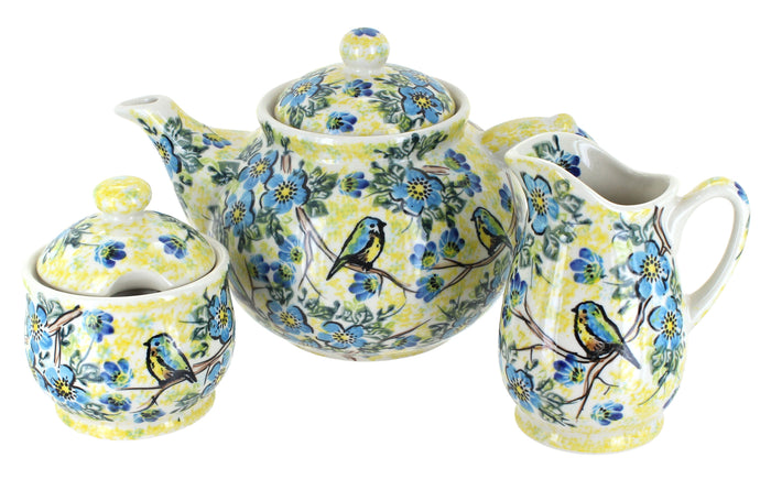 Polish Pottery Bluebird Garden 3 Piece Tea Set