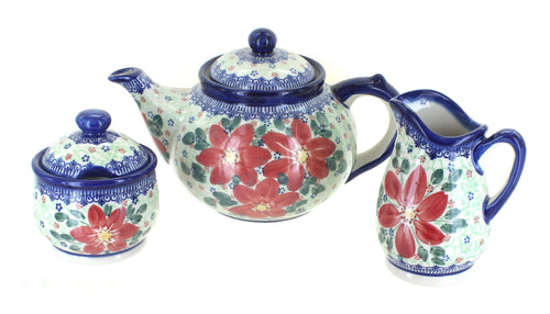Polish Pottery Poinsettia 3 Piece Tea Set