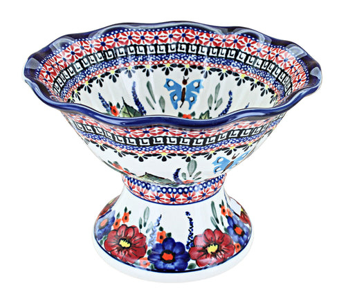 Polish Pottery Floral Butterfly Small Pedestal Fruit Bowl