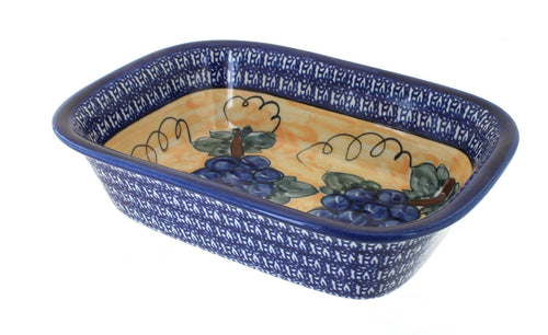 Polish Pottery Grapes Loaf Baker with Cobalt Trim