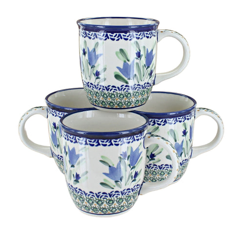 Polish Pottery Blue Tulip 4 Piece Mug Set