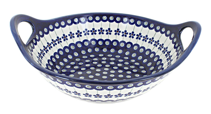 Polish Pottery Flowering Peacock Medium Bowl with Handles