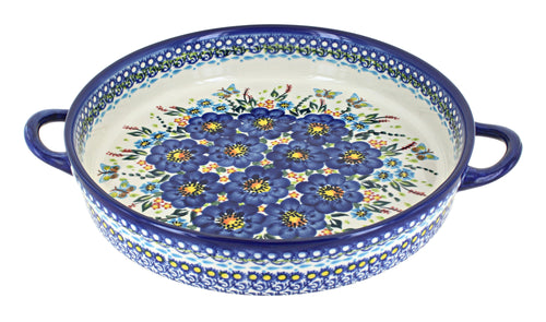 Polish Pottery Garden of Blue Large Round Baker with Handles