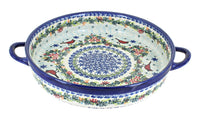 Polish Pottery Winter Cardinal Large Round Baker with Handles