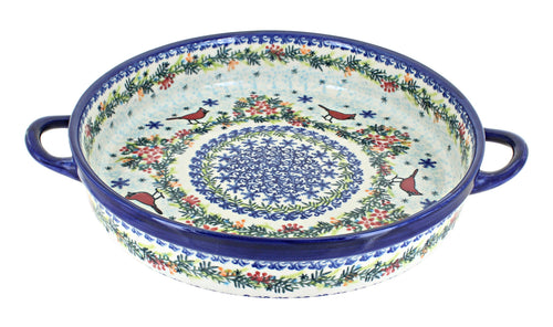 Polish Pottery Winter Cardinal Large Round Baker with Handles