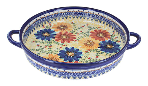 Polish Pottery Autumn Burst Large Round Baker with Handles