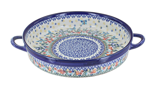 Polish Pottery Garden of Eden Large Round Baker with Handles