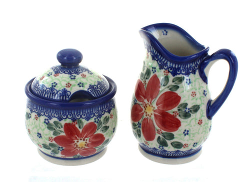 Polish Pottery Poinsettia Cream & Sugar Set
