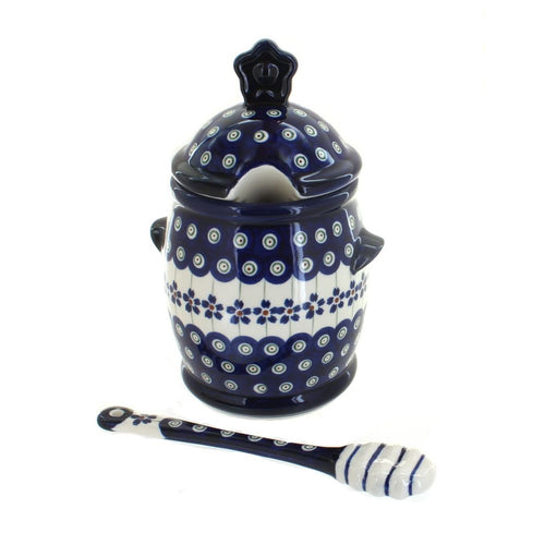 Polish Pottery Flowering Peacock Honey Pot and Dipper