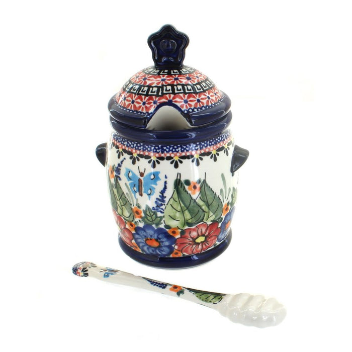 Polish Pottery Floral Butterfly Honey Pot and Dipper