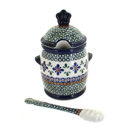 Polish Pottery Mosaic Flower Honey Pot and Dipper