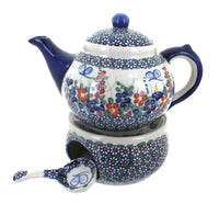 Polish Pottery Garden Butterfly Teapot with Warmer & Candle Holder