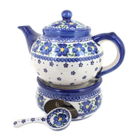 Polish Pottery Spring Blossom Teapot with Warmer & Candle Holder