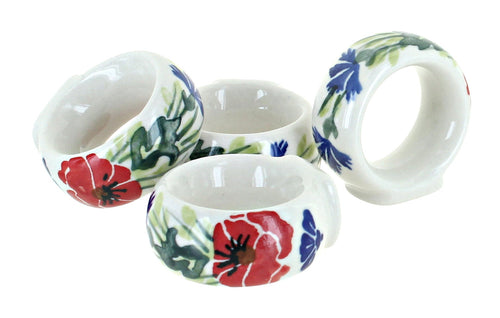 Polish Pottery Cherry Red Bouquet Napkin Ring Set