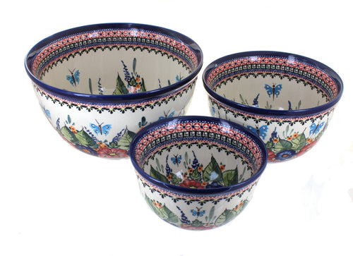 Polish Pottery Floral Butterfly Mixing Bowl Set