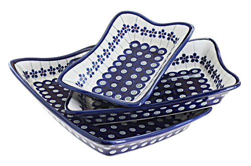 Polish Pottery Flowering Peacock 3 Piece Rectangular Serving Dish Set
