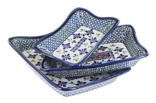 Polish Pottery Mosaic Flower 3 Piece Rectangular Serving Dish Set