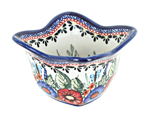 Polish Pottery Floral Butterfly Small Square Scallop Bowl