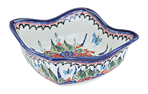 Polish Pottery Floral Butterfly Large Square Scallop Bowl