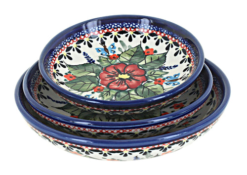 Polish Pottery Floral Butterfly 3 Piece Shallow Dish Set