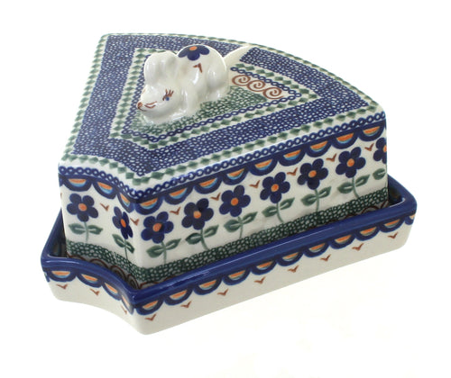 Polish Pottery Aztec Flower Cheese Dish with Mouse