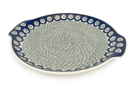 Peacock Swirl Round Serving Tray with Handles Polish Pottery