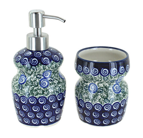 Polish Pottery Seaside Swirl Soap Dispenser & Bathroom Cup