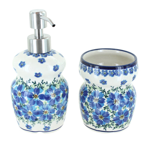 Polish Pottery Kalina Soap Dispenser and Bathroom Cup