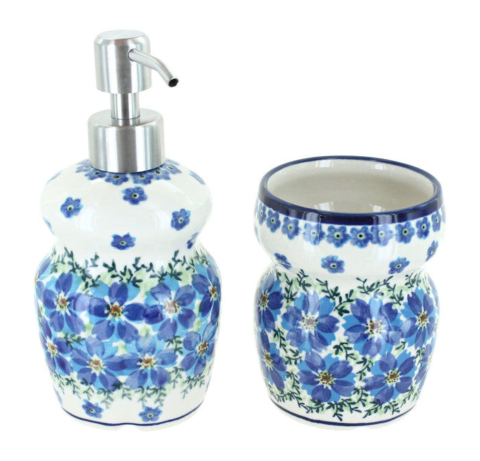 Polish Pottery Kalina Soap Dispenser and Bathroom Cup