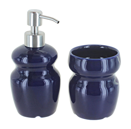 Polish Pottery Cobalt Soap Dispenser & Bathroom Cup