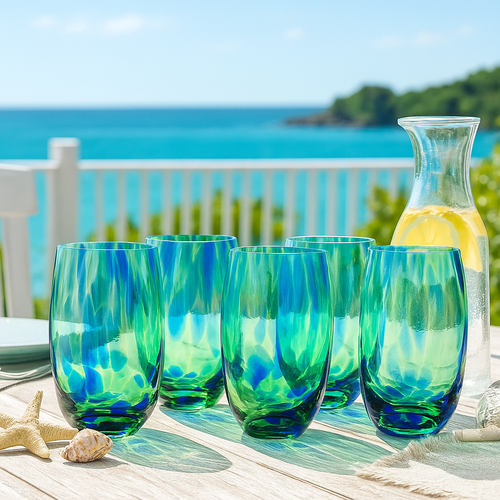 Cobalt and Green Confetti Water Glass Set Polish Pottery