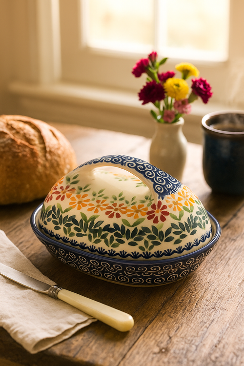 Garden Bouquet Butter Dish with Handle Polish Pottery
