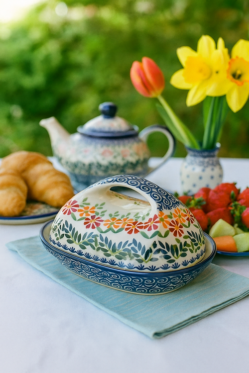 Garden Bouquet Butter Dish with Handle Polish Pottery