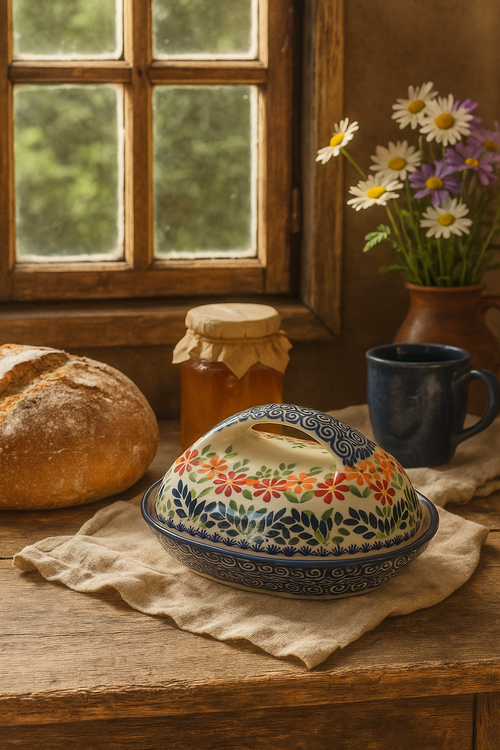 Garden Bouquet Butter Dish with Handle Polish Pottery