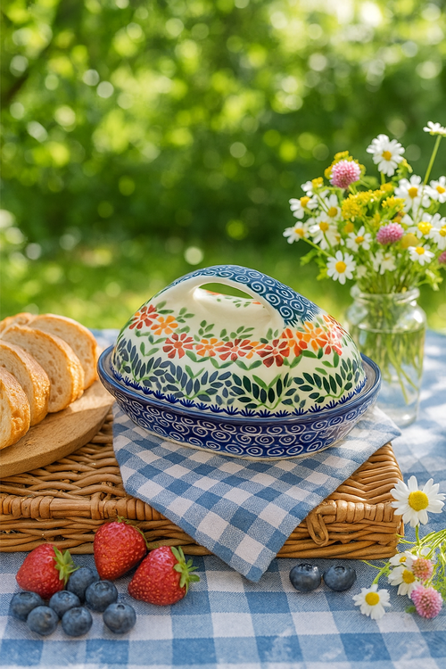 Garden Bouquet Butter Dish with Handle Polish Pottery