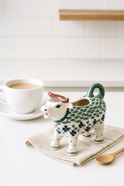 Sage Floral Cow Creamer Polish Pottery