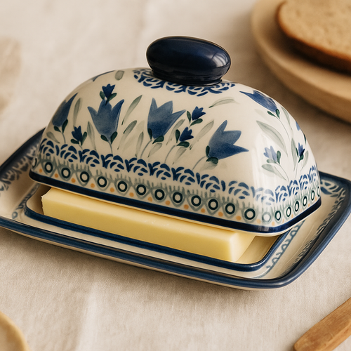Blue Tulip Butter Dish Polish Pottery