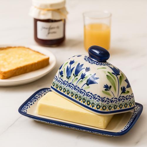 Blue Tulip Butter Dish Polish Pottery