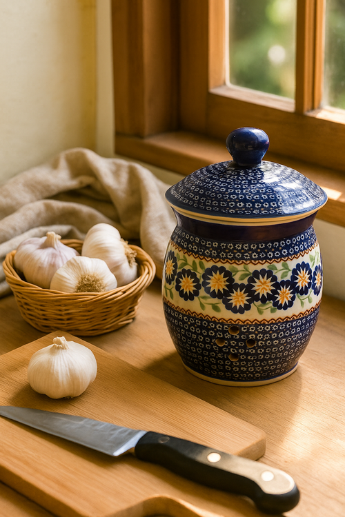 Peach Blossom Garlic Keeper Polish Pottery