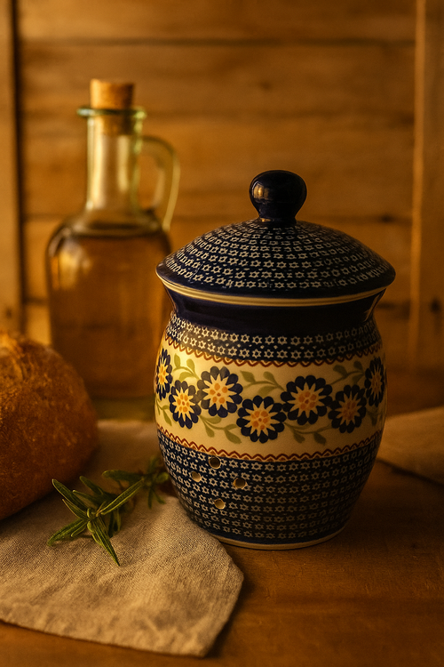 Peach Blossom Garlic Keeper Polish Pottery