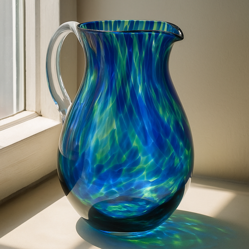 Cobalt and Green Confetti Glass Pitcher Polish Pottery