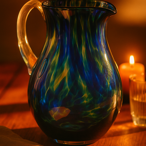 Cobalt and Green Confetti Glass Pitcher Polish Pottery