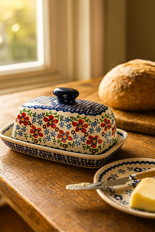 Red Poppy Butter Dish Polish Pottery