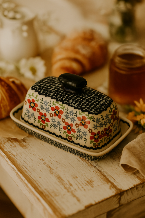 Red Poppy Butter Dish Polish Pottery