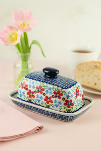 Red Poppy Butter Dish Polish Pottery