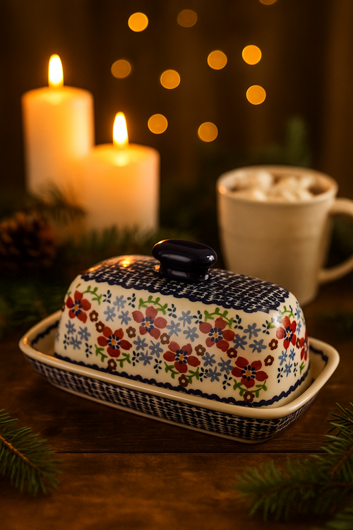 Red Poppy Butter Dish Polish Pottery