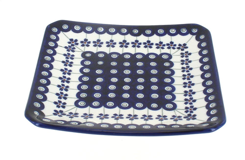 Polish Pottery Flowering Peacock Square Dessert Plate