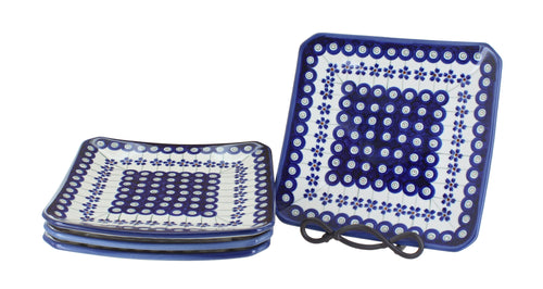 Polish Pottery Flowering Peacock Square Dessert Plate Set